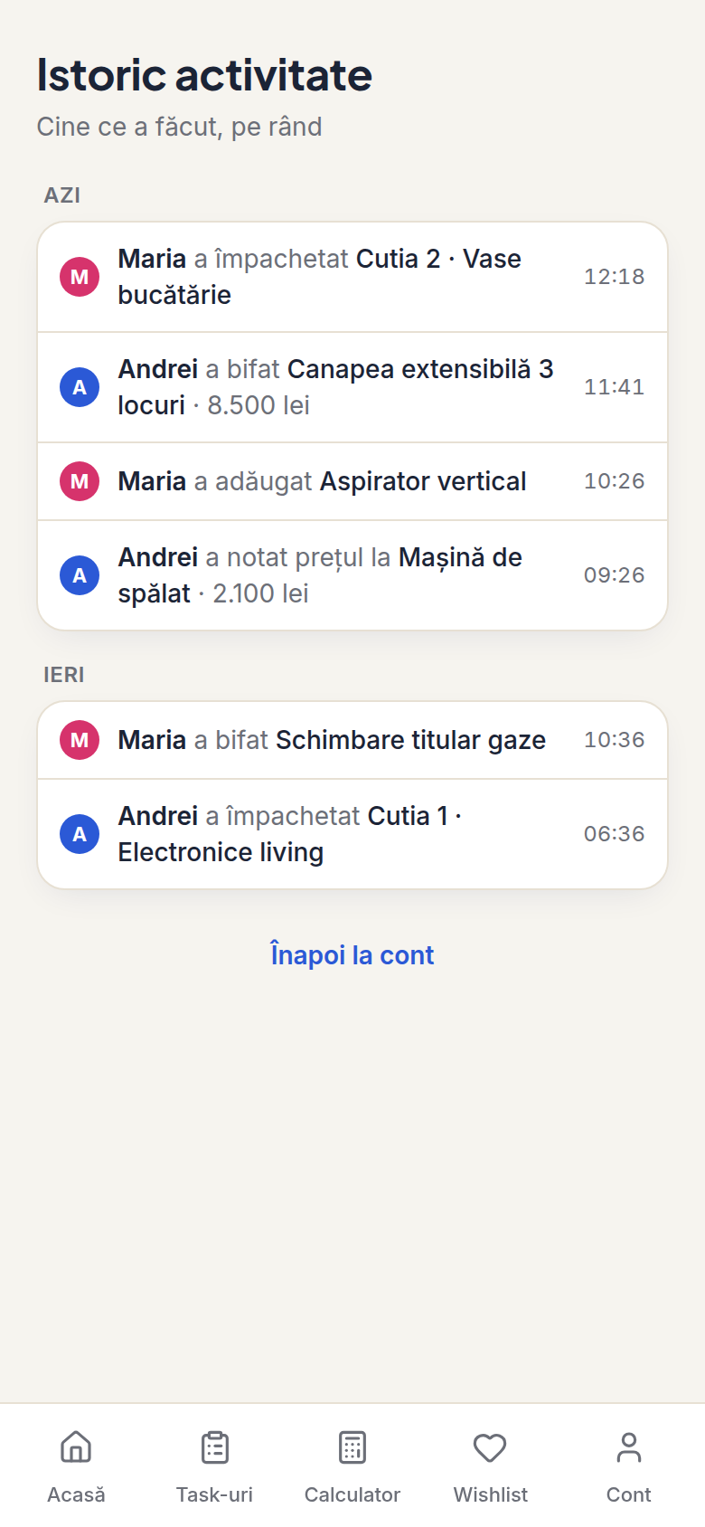 Istoricul de activitate Casly — cine a bifat, adăugat sau împachetat fiecare lucru, cu nume și culoare