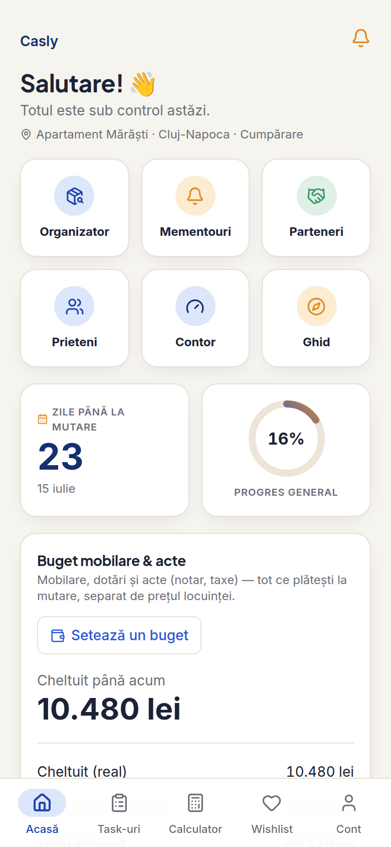Tabloul de bord Casly — zile până la mutare, progres general și buget