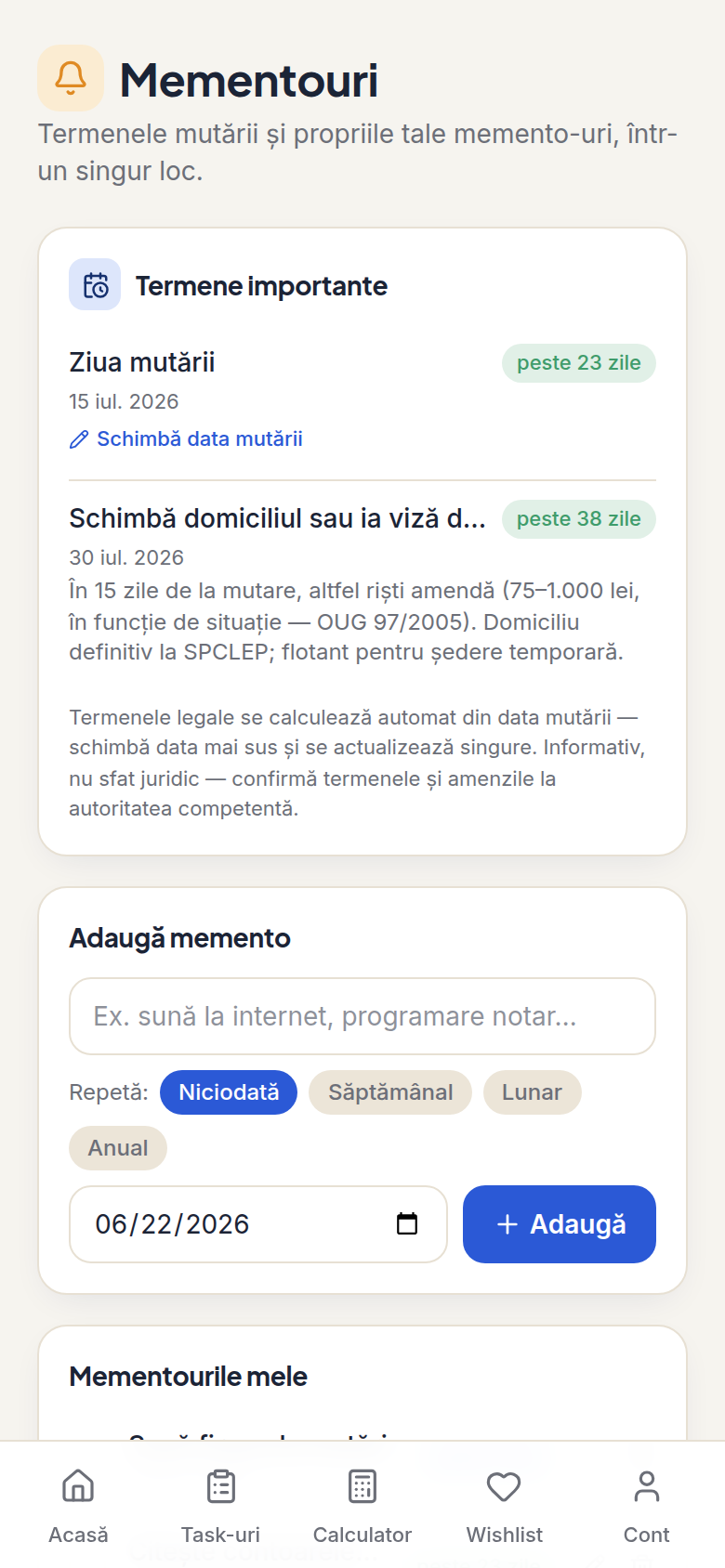 Memento-urile Casly — termene importante și remindere proprii