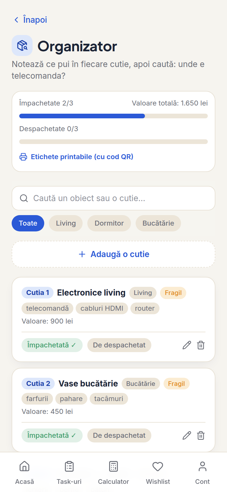 Organizatorul de cutii Casly — cutii numerotate, conținut și căutare