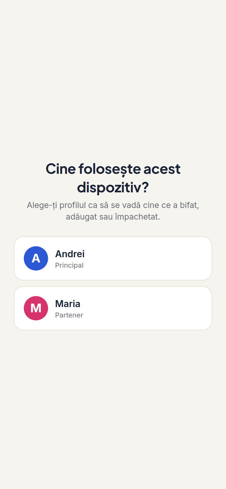 Selectorul de profil Casly — „Cine folosește acest dispozitiv?” cu două profiluri