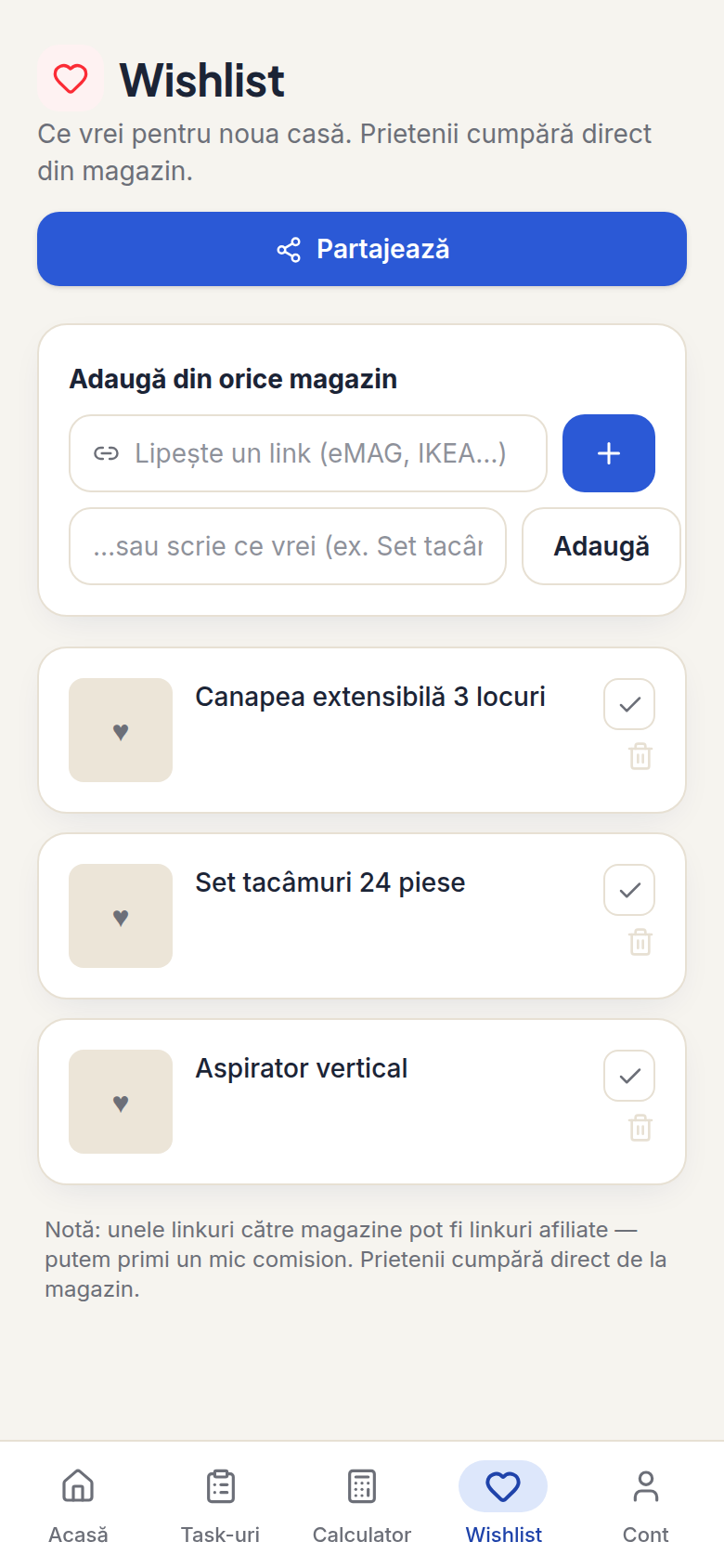 Lista de dorințe Casly — partajabilă, cu obiecte de marcat